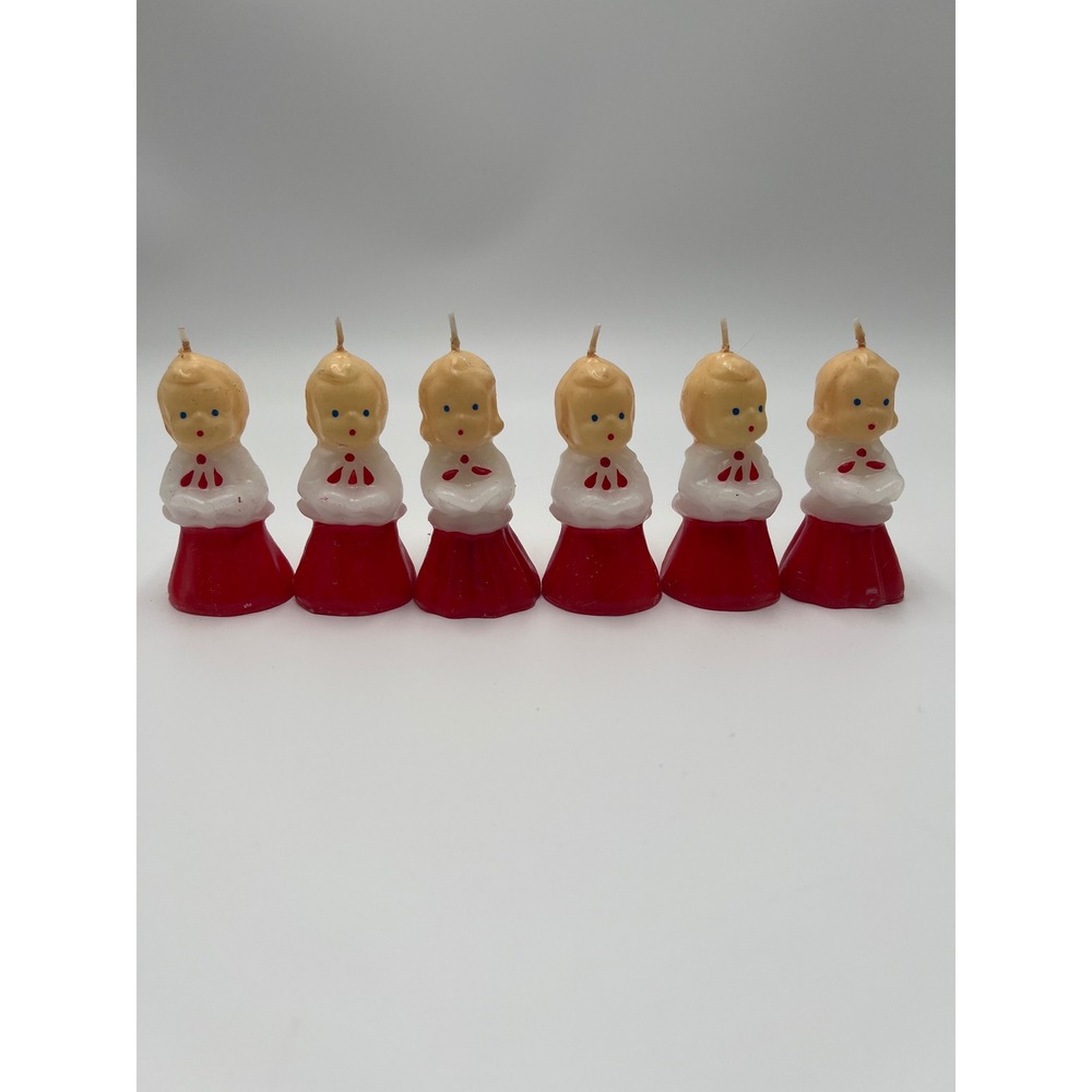Vermont Country Store Set of 6 Christmas Caroler Girl Candles Red Skirt